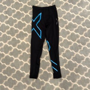 Shiny black/blue medium men’s workout tights